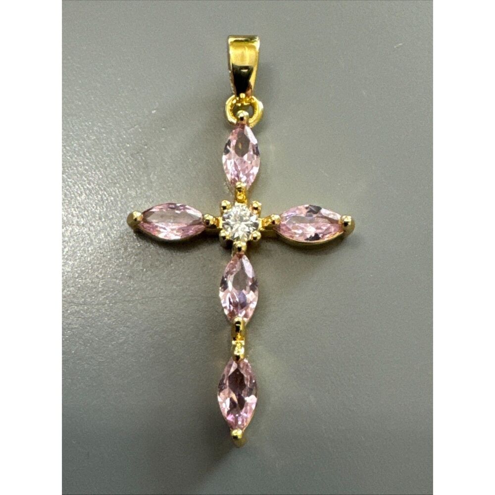 Pink Cubic Zirconia Cross Pendant Gold Plated Stainless Steel 18” Necklace Gift